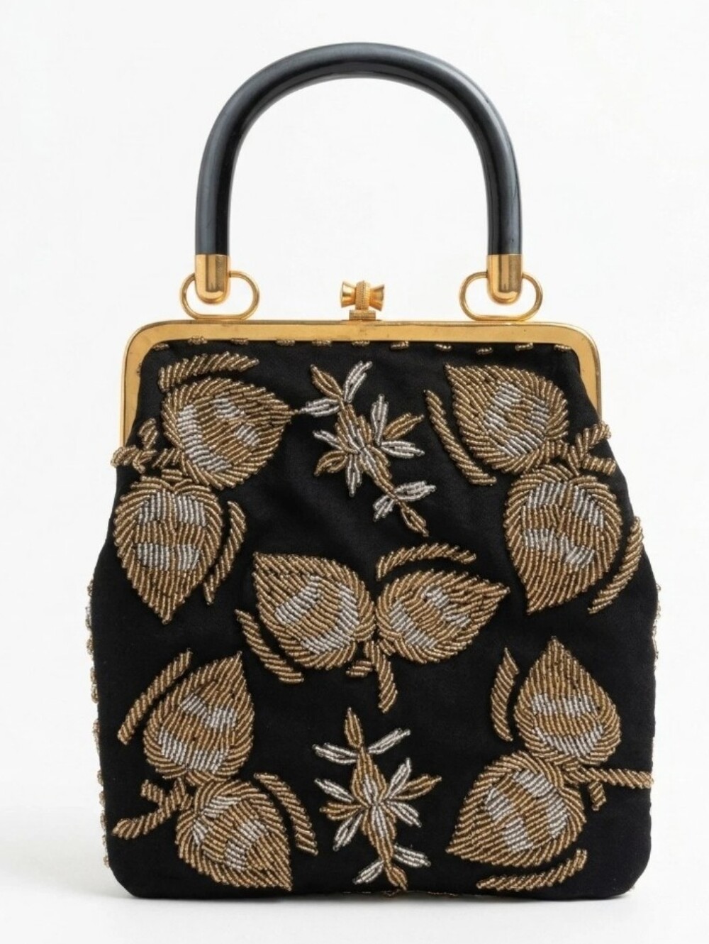Vintage Hong Kong Gray Lucite Handle Gold Beaded Evening Bag Kiss Lock Purse